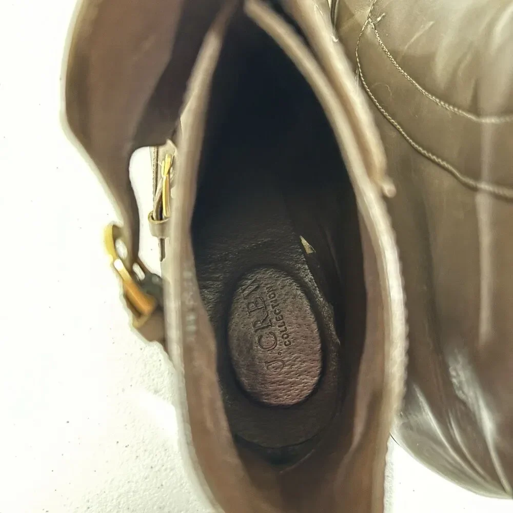 J Crew Leather Ankle Booties Gold Buckles Taupe Gray Women  8.5 Italy Equestrian